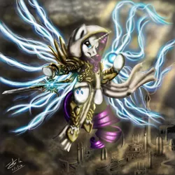 Size: 894x894 | Tagged: safe, artist:the-revered-dragon, derpibooru import, rarity, armor, diablo, parody, solo, tyrael