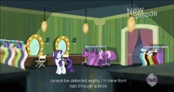 Size: 1152x609 | Tagged: safe, derpibooru import, screencap, rarity, rarity takes manehattan, hub logo, meme, solo, youtube caption