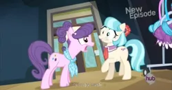 Size: 1151x604 | Tagged: coco pommel, derpibooru import, meme, rarity takes manehattan, safe, screencap, suri polomare, youtube caption