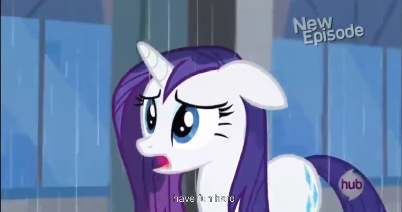 Size: 1152x606 | Tagged: derpibooru import, hub logo, meme, rarity, rarity takes manehattan, safe, screencap, solo, youtube caption