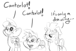 Size: 1000x680 | Tagged: artist:smudge proof, canterlot, comic:heads and tails, derpibooru import, monochrome, monty python, monty python and the holy grail, oc, ponified, safe, sketch, snails, snips