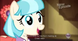 Size: 1152x607 | Tagged: coco pommel, derpibooru import, hub logo, meme, rarity takes manehattan, safe, screencap, solo, text, youtube caption