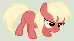 Size: 598x338 | Tagged: artist:unoriginai, blank flank, derpibooru import, filly, goddamnit unoriginai, oc, oc:cripps pink, offspring, parent:applejack, parent:big macintosh, parents:applemac, product of incest, safe, scrunchy face, simple background, solo, unofficial characters only