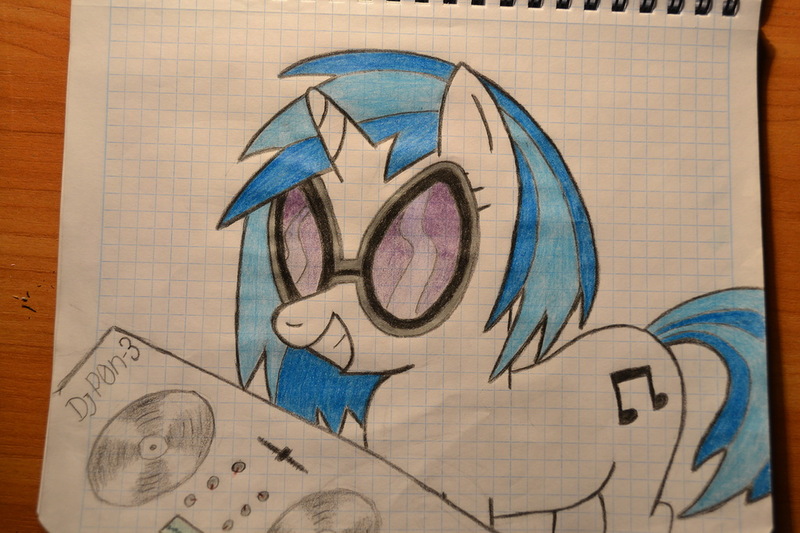 Size: 1024x682 | Tagged: safe, artist:ghostofwar909, derpibooru import, vinyl scratch, solo, traditional art, turntable