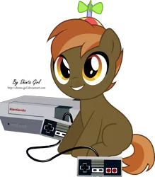 Size: 2841x3249 | Tagged: safe, artist:shinta-girl, derpibooru import, button mash, earth pony, pony, blank flank, colt, foal, hat, hooves, male, nintendo, nintendo entertainment system, propeller hat, simple background, sitting, smiling, solo, teeth, transparent background