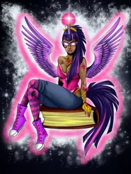 Size: 3000x3997 | Tagged: artist:lulubellart, book, breasts, cleavage, clothes, converse, derpibooru import, female, glasses, horned humanization, human, humanized, moderate dark skin, piercing, shoes, solo, solo female, suggestive, tailed humanization, tattoo, twilight sparkle, twilight sparkle (alicorn), winged humanization