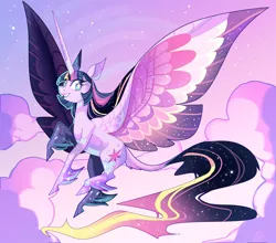 Size: 3500x3084 | Tagged: safe, artist:frogbians, derpibooru import, twilight sparkle, twilight sparkle (alicorn), alicorn, classical unicorn, pony, unicorn, cloud, cloudy, cloven hooves, ethereal mane, female, flying, large wings, leonine tail, long horn, majestic, mare, older, rainbow power, solo, starry eyes, unshorn fetlocks, wingding eyes, wings