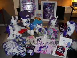 Size: 2189x1642 | Tagged: artist needed, badge, button, collection, comic book, custom, derpibooru import, dog tags, glass, idw, irl, merchandise, much rarity, obsessive rarity fan, patch, photo, plushie, poster, print, rarity, safe, sea pony, toy, wet mane