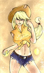 Size: 3000x5000 | Tagged: applejack, artist:checkerboardazn, belly button, breasts, busty applejack, clothes, daisy dukes, derpibooru import, female, front knot midriff, gundam, gundam build fighters, human, humanized, light skin, midriff, safe, solo