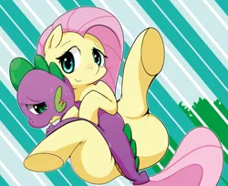 Size: 1167x952 | Tagged: suggestive, artist:kmart0614, derpibooru import, fluttershy, spike, pony, blushing, colored pupils, comforting, crying, female, flutterspike, hug, implied foalcon, male, shipping, straight, strategically covered, tail censor, underhoof