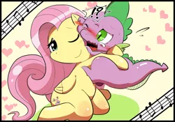 Size: 1731x1211 | Tagged: anatomically incorrect, artist:kmart0614, blushing, derpibooru import, female, fluttershy, flutterspike, hape, heart, hug, incorrect leg anatomy, male, music notes, open mouth, pushing, safe, shipping, smiling, spike, spikelove, straight, struggling, sweat, wavy mouth, wide eyes, wink