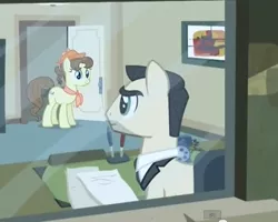 Size: 414x331 | Tagged: safe, derpibooru import, screencap, business savvy, pegasus olsen, peggy holstein, earth pony, pony, rarity takes manehattan, background pony, desk, don draper, female, mad men, male, mare, office, peggy olson, phone, shout out, stallion, telephone