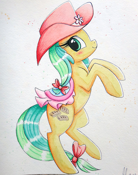 Size: 643x817 | Tagged: apple family member, apple fritter, artist:prettypinkpony, bow, derpibooru import, hat, rearing, saddle, safe, solo, tail bow, traditional art