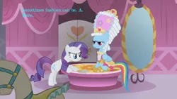 Size: 1280x720 | Tagged: clothes, derpibooru import, dress, duo, edit, edited screencap, littlest pet shop, lyrics, mare antoinette, powdered wig, rainbow dash, rarity, reference, safe, screencap, season 1, song, swarm of the century, wig