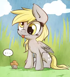 Size: 1800x2000 | Tagged: safe, artist:kyodashiro, derpibooru import, derpy hooves, pegasus, pony, ..., cloud, cloudy, cute, derpabetes, ear fluff, female, grass, mare, muffin, sitting, smiling, solo, speech bubble, tongue out