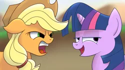 Size: 1280x720 | Tagged: angry, applejack, artist:jakejoke, derpibooru import, floppy ears, glare, open mouth, safe, smirk, trollface, twilight sparkle, yelling