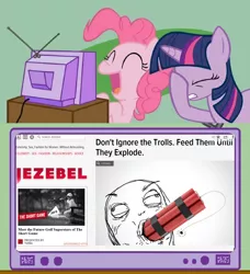 Size: 1318x1444 | Tagged: derpibooru import, exploitable meme, facehoof, jezebel, meme, mixed reactions, obligatory pony, pinkie pie, safe, this will end in tears, tv meme, twilight sparkle