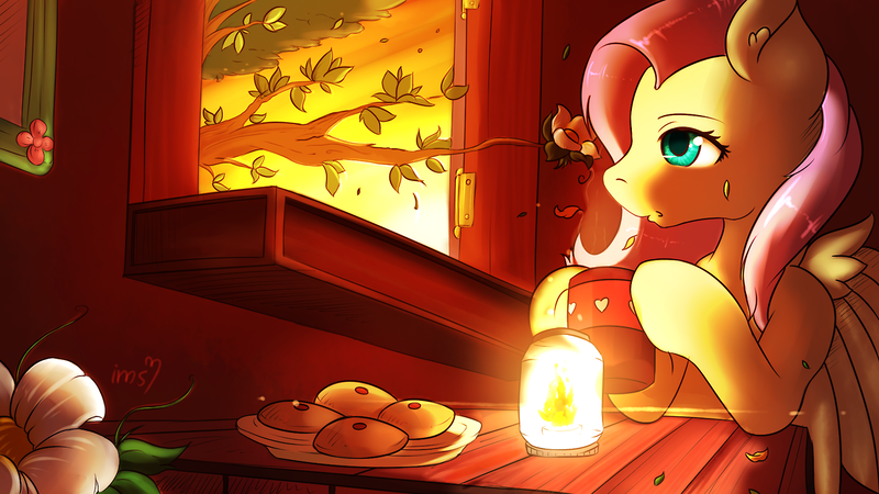 Size: 1280x720 | Tagged: artist:imspainter, cookie, cute, derpibooru import, fire, flower, fluttershy, mug, safe, solo, sunset, tree, window