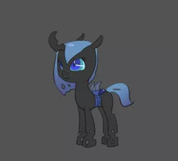 Size: 686x620 | Tagged: artist:carnifex, blue changeling, changeling, changeling oc, changeling queen, changeling queen oc, derpibooru import, female, foal, gray background, nymph, oc, oc:myxine, safe, simple background, smiling, solo, unofficial characters only, younger