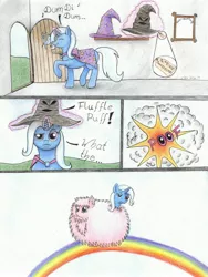 Size: 3395x4525 | Tagged: safe, artist:hector-llg, derpibooru import, trixie, oc, oc:fluffle puff, pony, unicorn, :p, comic, crossover, cute, dancing on rainbows, diatrixes, door, explosion, eyes closed, female, frown, glare, grumpy, harry potter, hat, levitation, lidded eyes, magic, mare, pink fluffy unicorns dancing on rainbows, poof, pun, rainbow, rainbows, raised eyebrow, raised hoof, raised leg, silly, simple background, smiling, sorting hat, stuck, telekinesis, tongue out, unamused, white background, wide eyes