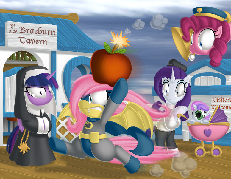 Size: 1100x850 | Tagged: safe, artist:berrypawnch, derpibooru import, fluttershy, pinkie pie, rarity, sweetie belle, twilight sparkle, twilight sparkle (alicorn), alicorn, bat pony, pony, 60s batman, adam west, baby carriage, batman, bipedal, bomb, clothes, costume, crossover, dc comics, female, flutterbat, funny, mare, musical instrument, nun, pier, pram, some days you just can't get rid of a bomb