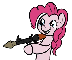 Size: 660x553 | Tagged: artist:niksiekins, derpibooru import, gun, pinkie pie, rocket launcher, rpg, rpg-7, safe, smiling, solo