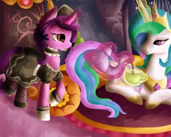 Size: 1000x800 | Tagged: safe, artist:evehly, derpibooru import, princess celestia, oc, alicorn, pony, unicorn, clothes, female, magic, maid, maid pony, mare, tea, teacup, teapot