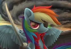 Size: 3000x2100 | Tagged: artist:symbianl, clothes, derpibooru import, eyepatch, ocean, pirate, pirate dash, rainbow dash, safe, ship, storm, sword