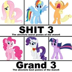 Size: 1000x1000 | Tagged: abuse, applejack, attention horse, background pony strikes again, background pony thinks people care about which characters they like, best pony, dashabuse, derpibooru import, downvote bait, flutterbuse, fluttershy, jackabuse, mane six, meme, pinkie pie, rainbow dash, rarity, safe, twilight sparkle, vulgar, worst pony