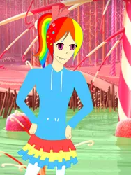 Size: 768x1024 | Tagged: artist:kyasha5021o, clothes, crossover, derpibooru import, human, humanized, light skin, rainbow dash, safe, solo, sugar rush, sweater, vanellope von schweetz, wreck-it ralph