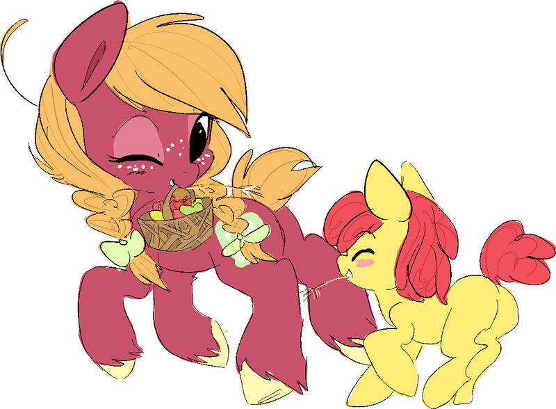 Size: 1162x854 | Tagged: adorabloom, apple bloom, applebuck, artist:clockworkquartet, basket, big macintosh, cute, derpibooru import, hilarious in hindsight, macabetes, macareina, mouth hold, rule 63, rule63betes, safe