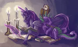 Size: 1024x614 | Tagged: safe, artist:substantiallyuseless, derpibooru import, owlowiscious, spike, twilight sparkle, twilight sparkle (alicorn), alicorn, pony, book, candle, female, magic, mare, quill, scroll