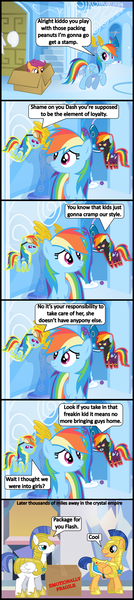 Size: 1047x4691 | Tagged: safe, artist:bronybyexception, derpibooru import, flash sentry, rainbow dash, scootaloo, pony, clothes, comic, costume, out of character, package, pointy ponies, rainbow douche, royal guard, scootabuse, shadowbolts, shadowbolts costume, shoulder angel, shoulder devil, uniform, wonderbolt trainee uniform, wonderbolts