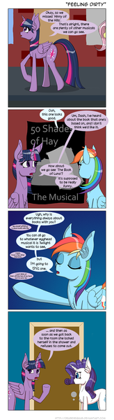Size: 600x2189 | Tagged: suggestive, artist:deusexequus, derpibooru import, fluttershy, rainbow dash, rarity, twilight sparkle, twilight sparkle (alicorn), alicorn, pony, rarity takes manehattan, 50 shades of grey: the musical, 50 shades of hay, comic, female, fifty shades of grey, implied masturbation, impossibly large ears, mare, the book of mormon