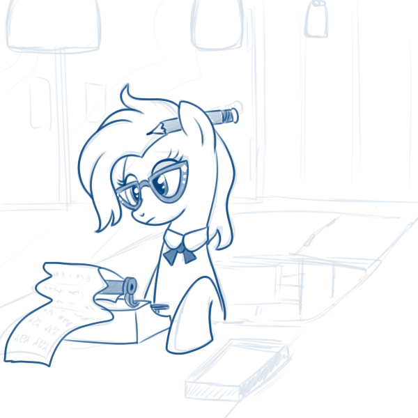 Size: 600x600 | Tagged: artist:hudoyjnik, artist:synch-anon, derpibooru import, glasses, grace manewitz, pencil, rarity takes manehattan, safe, season 4, sketch, solo, typewriter