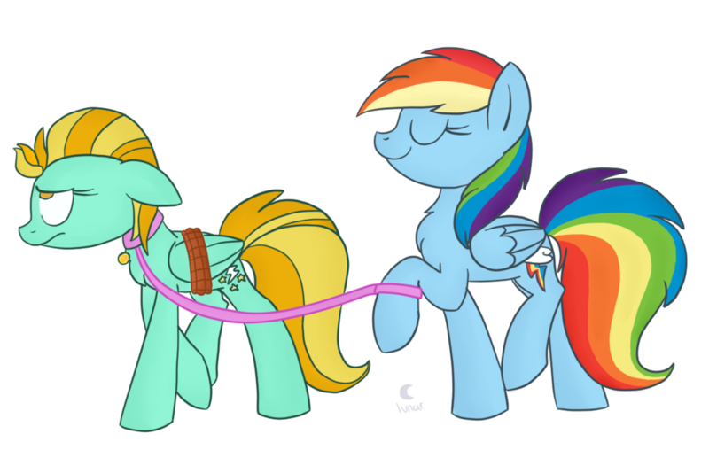 Size: 1024x683 | Tagged: artist:lunar-pop, bound wings, collar, cutie mark collar, derpibooru import, duo, leash, lightning dust, pet, pet play, pet tag, rainbow dash, safe