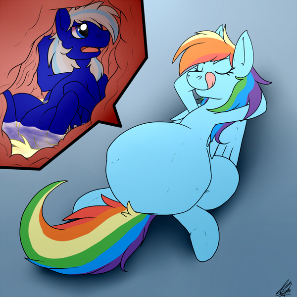 Size: 1000x1000 | Tagged: artist:shikaro, belly, derpibooru import, fetish, internal, licking lips, oc, oc:electric blue, preddash, questionable, rainbow dash, vore