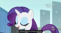 Size: 933x514 | Tagged: safe, derpibooru import, screencap, rarity, rarity takes manehattan, meme, solo, youtube caption