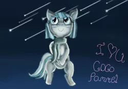 Size: 1351x944 | Tagged: artist:furryxxi-02, clothes, coco pommel, derpibooru import, heart, meteor shower, note, safe, scarf, shooting star, shooting stars, signature, solo, stars