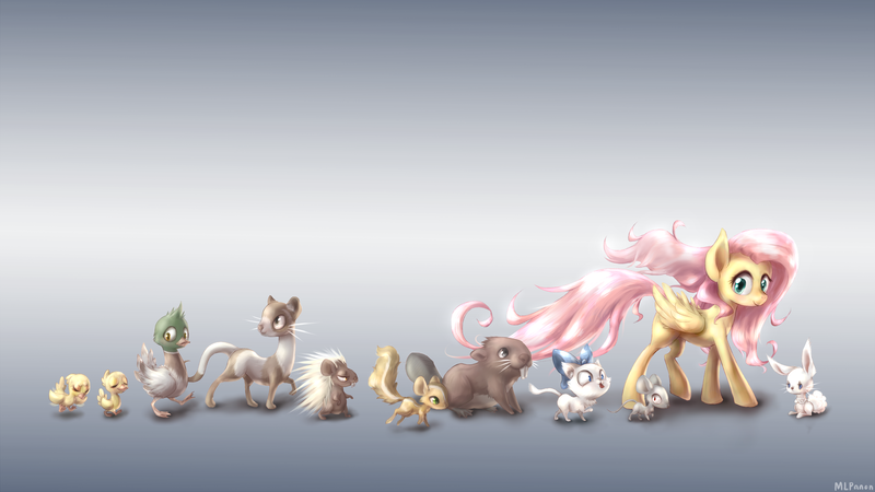 Size: 4098x2304 | Tagged: safe, artist:mlpanon, derpibooru import, angel bunny, fluttershy, beaver, cat, duck, ferret, mallard, mouse, pegasus, pony, porcupine, squirrel, animal, bow, duckling, female, gray background, kitten, male, mare, simple background