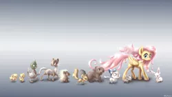 Size: 4098x2304 | Tagged: safe, artist:mlpanon, derpibooru import, angel bunny, fluttershy, beaver, cat, duck, ferret, mallard, mouse, pegasus, pony, porcupine, squirrel, animal, bow, duckling, female, gray background, kitten, male, mare, simple background