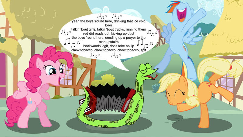 Size: 1189x672 | Tagged: accessory-less edit, applejack, artist:porygon2z, chicken dance, craig slithers, crossover, derpibooru import, edit, missing accessory, pinkie pie, rainbow dash, safe, sanjay and craig, singing