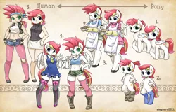 Size: 1700x1091 | Tagged: safe, artist:shepherd0821, derpibooru import, oc, oc:lotus heat, oc:petal spark, unofficial characters only, anthro, human, pony, unguligrade anthro, anthro chart, anthro with ponies, apron, belly button, bipedal, clothes, daisy dukes, dress, humanized, midriff, skirt, sports bra, twins