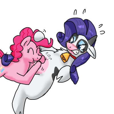 Size: 400x400 | Tagged: artist:kushina13, breastfeeding, cow, cowified, female, lesbian, milk, pinkie pie, pixiv, questionable, raricow, raripie, rarity, shipping, species swap, suckling, teary eyes, udder