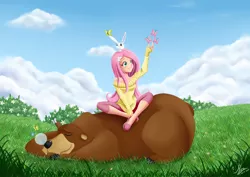 Size: 919x650 | Tagged: angel bunny, animal, artist:valinhya, butterfly, clothes, derpibooru import, fluttershy, grass, harry, human, humanized, light skin, off shoulder, safe, snot bubble, sweater, sweatershy