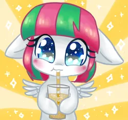 Size: 500x467 | Tagged: safe, artist:bunnini, derpibooru import, blossomforth, pegasus, pony, ask filly blossomforth, female, filly, filly blossomforth, soda, solo, sunburst background