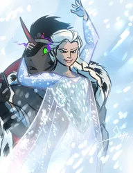 Size: 788x1024 | Tagged: anthro, artist:bgn, blizzard, cape, clothed female nude male, clothes, confused, crossover, crossover shipping, derpibooru import, elsa, elsombra, female, frozen (movie), grin, king sombra, male, safe, snow, snowfall, straight