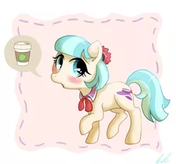 Size: 823x767 | Tagged: safe, artist:c-puff, derpibooru import, coco pommel, earth pony, pony, rarity takes manehattan, :o, blushing, cocobetes, coffee, cute, digital art, female, mare, necktie, open mouth, pictogram, solo, walking