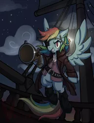 Size: 768x1000 | Tagged: artist:viistar, belt, clothes, derpibooru import, eyepatch, flying, gun, jacket, pirate, pirate dash, rainbow dash, safe, scar, ship, solo