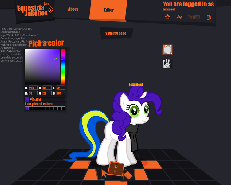 Size: 1116x890 | Tagged: safe, artist:lexuzieel, derpibooru import, oc, unofficial characters only, pony, unicorn, alpha, clothes, equestria jukebox, scarf, solo, vector, website